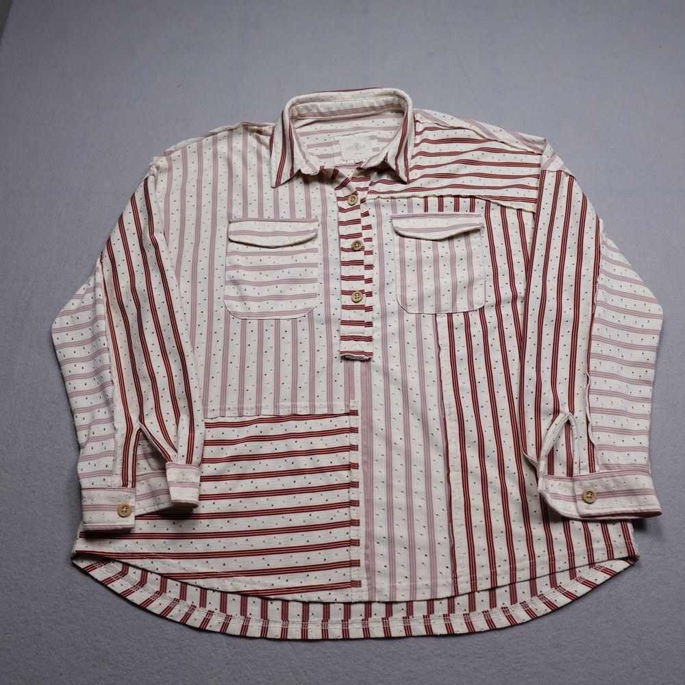 UMGEE Button Up Tunic Womens M White Red Pink Striped Eyelet Knit C4054 Pockets